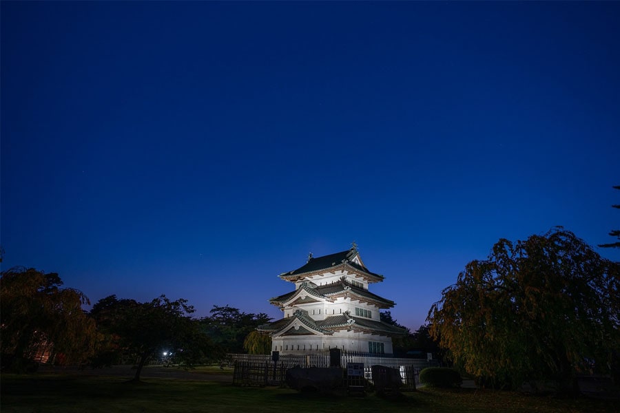 Hirosaki Castle at night, where it is resting after have been moved for renovations