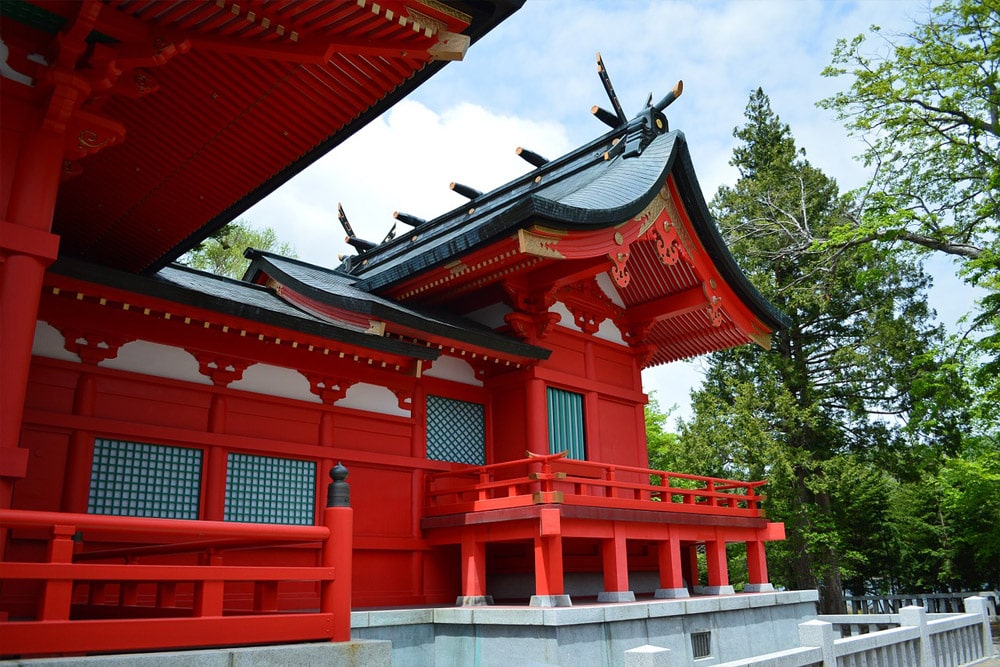 Vermilion red painted shrine buildings at Akagi Shrine