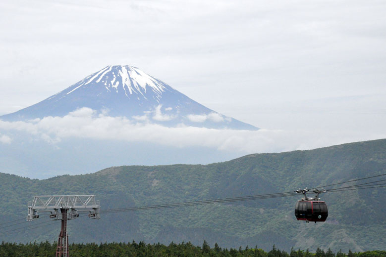 Hakone Ropeway with Mt. Fuji behind it