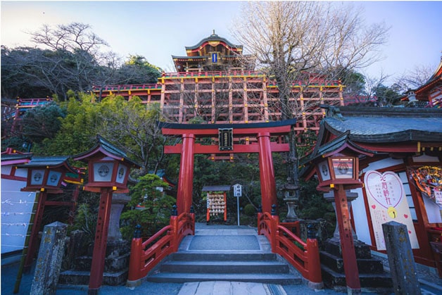 Yutoku Inari shrine, Saga Prefecture, at sunrise with bright vermillion paint