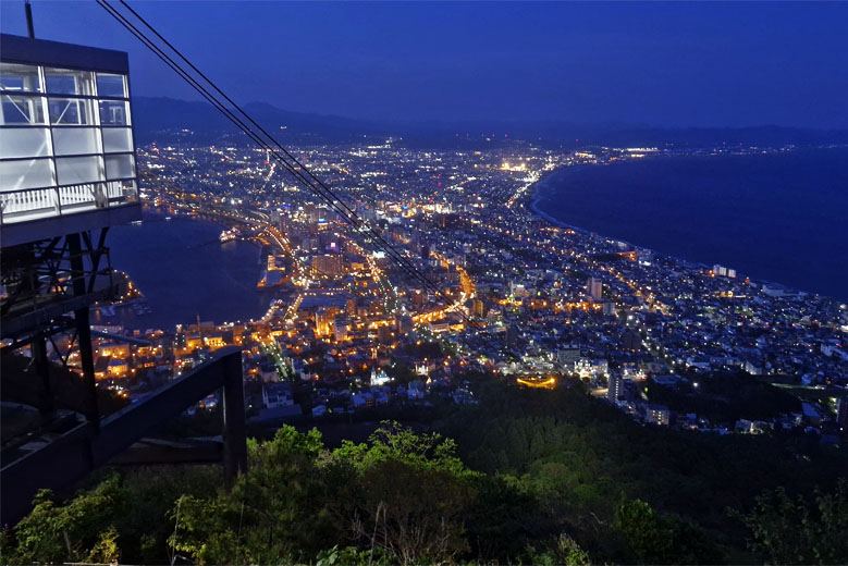 View from Mt. Hakodate Observatory, one of the best night views in Japan, with the Hakodate Ropeway in the foreground
