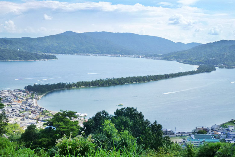 View of Amanohashidate from Kasamatsu Park on the northern side of the sidebar.